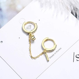 QIAMNI Fashion Double Pierced Earrings for Women Ear Buckle Double Integrated Ear Line for Girls Inlaid Zircon Key Earrings Delicate Jewellery, Cubic Zirconia