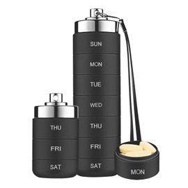 Metal Pill Organizer Weekly,Stackable Waterproof Travel Pill Box,Travel Hiking 7 Day Pill Box Case,Date Display,Large Compartment to Hold Pills, Vitamins, Capsules,Fish Oil, Supplements (Black)