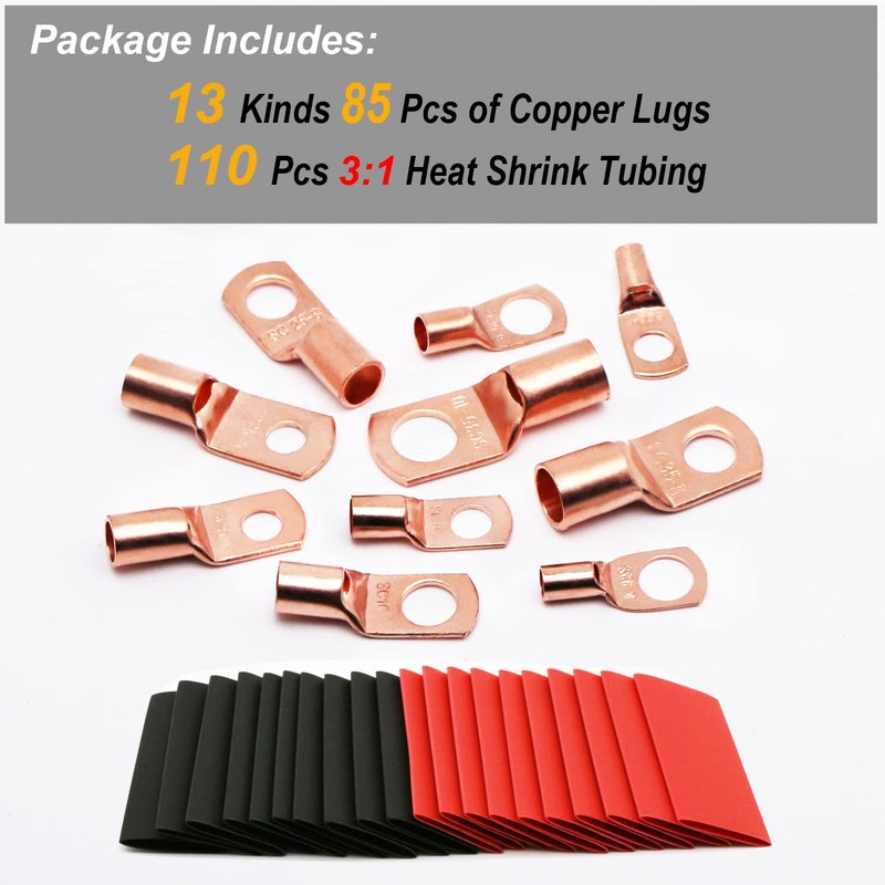 TKDMR 195Pcs Copper Wire Lugs AWG2 4 6 8 10