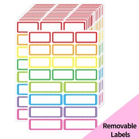 Removable Colored Labels Stickers, Self-Adhesive Rectangular Stickers Star Border Water/Oil/Tear Resistant for Storage/Classroom/Home (2 Size, 300 Labels)