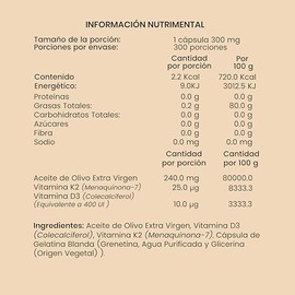 JOYCARE NATURAL Vitamina D3 y K2 Suplemento para Absorción de Calcio y Huesos Fuertes | Bienestar Inmune y Circulatorio | 300 Cápsulas