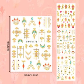 3pcs Embossed Nail Stickers, Gold Sun Moon Star Bohemian & Heart Flame Nail Decal 5D Self-Adhesive Totem Metallic Manicure Art Decor Accessories for Women Girls