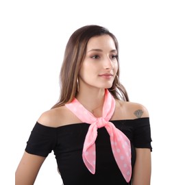 MissShorthair 50s Chiffon Scarf Sheer Square Neck Head Scarf for Women B Pink with White Dot