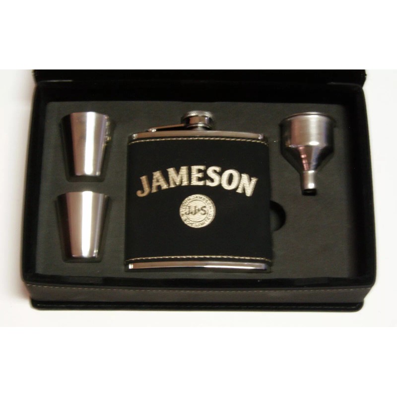 JDS Jameson black leather flask gift set w 2 shot