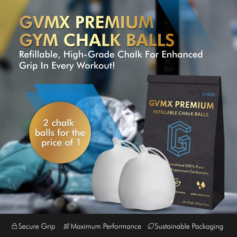 130g (2 x 65g) Premium Chalk Balls. Pro-Grade Gym Chalk
