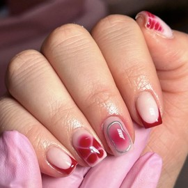 Ceboic Floral French Tip Press on Nails Short Square, Glossy Red Flowers False Nails, Elegant Acrylic Gel Fake Nails, Reusable Natural Full Cover Stick on Nail for Women Daily Party Wedding Wear 24PCS