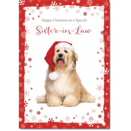 doodlecards Sister in Law Christmas Card Dog with Santa Hat Medium Size Christmas Card for Sister-in-Law with Plain Envelope