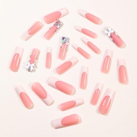 24 Pcs Spring Press On Nails Long Square,YEFIUO 3D Rhinestones Glitter White Bow Nail Charms French Nail Art Tips Acrylic Nail Kit Fake Nails Press ons Glue on Nails Full Cover False Nails for Women
