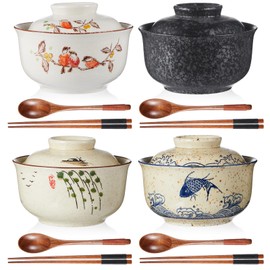 LemonRoad 4 Pack 25oz Ceramic Ramen Bowl with Lid Microwavable with Chopsticks and Spoon Japanese Korean Soup Bowl Clay Pot Dinnerware for Noodle Rice Porridge