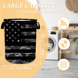 Black Camo USA Flag Laundry Basket, Foldable Waterproof Oxford Cloth Laundry Hamper Funny Tote Bag Dirty Clothes Storage Bucket Toy Organizer for Bathroom/Laundry/Bedroom 15.7"x19.6"