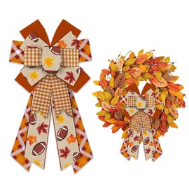 ABTOLS Large Fall Wreath Bows, Orange Buffalo Plaid Bows for Wreath Thanksgiving Autumn Leaves Burlap Bows for Front Door, Super Football Bows Party Bows for Holiday Indoor Outdoor Decor