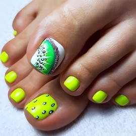 24Pcs Green Press on Toenails Summer Fake Toe Nails with Kiwi Fruit Designs Glitter Press on Toe Nails Full Cover Glossy Acrylic Toenails for Women Girls Summer Nail Art Decoration