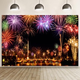 Happy New Year Large Backdrop 10x8ft Fireworks 2025 Christmas Eve Night Celebration Party Background for Photography City Scenery Bridge New Years Banner New Year Eve Party Supplies Birthday Portrait