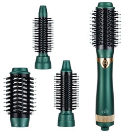 Sinperne 3 in 1 Hair Dryer & Volumizer, Ceramic Negative Ion Curling Dryer Styler with 3 Interchangerable Brush Heads (Green)