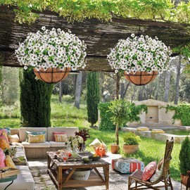 Ouddy Decor Artificial Hanging Flowers with Basket, Fake Hanging Plants with Faux Silk Flowers UV Resistant for Outdoors Indoors Spring Summer Porch Patio Balcony Yard Home Decorations, White