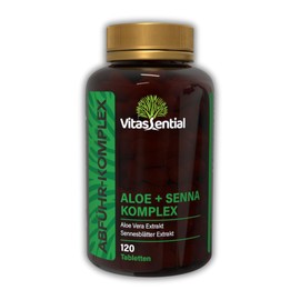 Vitassential Aloe + Senna Komplex - Natürliches Abführmittel schnell wirkend & stark - Stuhlweichmacher bei Verstopfung, Darmreinigung & Stoffwechsel - 120 Tabletten