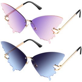 Weewooday 2 Pairs Butterfly Sunglasses Rimless Glasses Eyewear Butterfly Wing Sunglasses for Women Men(Purple and Pink, Gray and Blue)