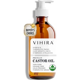 Vihira Premium Organic Castor Oil (16oz | Premium Glass Bottle), Cold Pressed, 100% Pure, Extra Virgin, Hexane Free, for Hair Growth, Eyelash, Eyebrow, Skin, Belly Button, Muscle & Wellness.