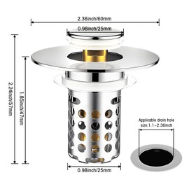 Universal Bathroom Sink Stopper, Pop Up Sink Drain Strainer Plug with Removable Stainless Steel Filter Basket Hair Catcher, Bathroom Bathtub Drain Stopper for 1.1-2.36 Inch Basin(2PACK)
