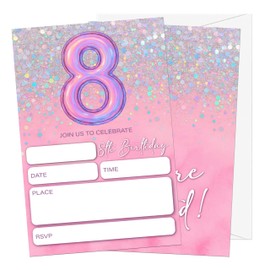 Gsauto Birthday Invitations Girl, 20 Pink and Glitter Invitation Cards with Envelopes, Rainbow Foil 8th Invites for Party Decorations Favor Supplies - C08