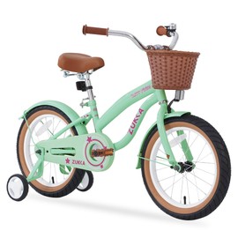 BALINGE Retro Design Girls Cruiser Bike with Basket for 4-7 Years Old Kids, 16 Inch Kid Bicycle for Girls with Training Wheels, 16 Inch Bike with Kickstand,Steel Frame，Bell，Green