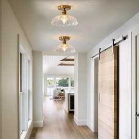 BCGMYLN Semi Flush Mount Ceiling Light, Gold Hallway Vintage Lights Fixture Ceiling with Clear Water Lily Glass Modern Ceiling Light Fixtures for Porch Kitchen Bedroom