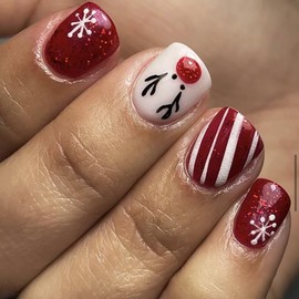 Christmas Press on Nails Short Square MABKJLF Winter Fake Nails False Nails with Designs Snowflake Reindeer Red & White Glossy Glue on Nails Xmas Acrylic Nails for Women Girls 24 Pcs