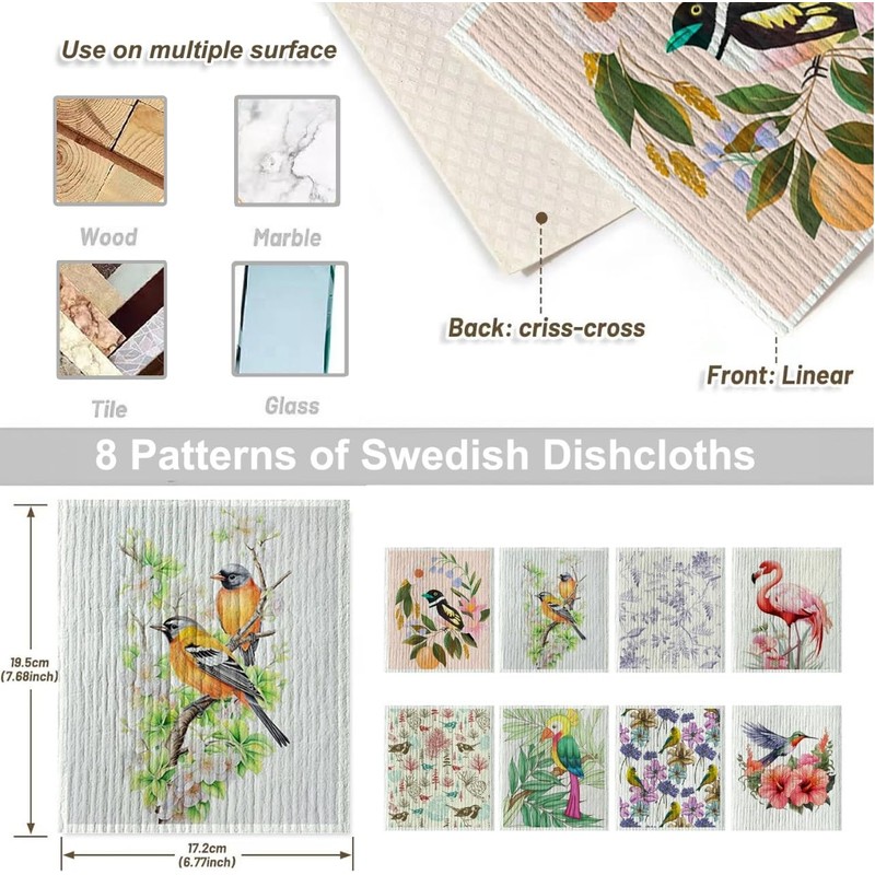 Hugs Living Swedish Dish Cloth, 8 Pack Reusable Sponge Cleaning