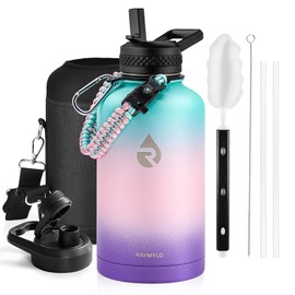 RAYMYLO Insulated Water Bottle 64 oz, Triple Wall Vacuum Stainless Steel (Cold for 48 Hrs), Leak Proof & Non-BPA, Half Gallon Water Flask Jug with Paracord Handle & Straw Spout Lids, Hydrangea