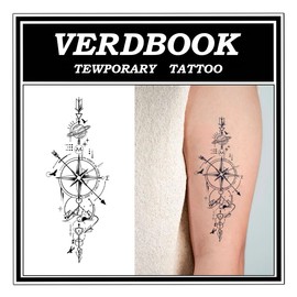 VERDBOOK Waterproof Temporary Tattoos: 2-Sheet Tattoo Kit with Realistic Body Stickers, Semi-Permanent Tattoos for Adults Lasting 7-15 Days – Safe for Men & Women, Cardinal Compass