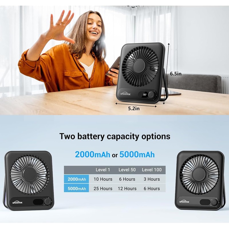 WHATOOK Small Desk Fan Personal Fans: 5000mah 25 Hours Battery