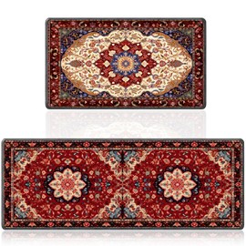 InIsaJace Persian Oriental Kitchen Rug Sets of 2, Vintage Distress Print Pattern Door Mat, Washable Non Slip Rugs for Bathroom Entrance Bedroom Home Decor(16 X 28 in + 16 X 47 in)