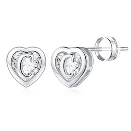 IEFWELL - arete de tuerca de corazón para niñas y mujeres, de plata de ley S925, hipoalergénicos, aretes de corazón con circonita cúbica, aretes con inicial, para adolescentes, niñas, regalos para