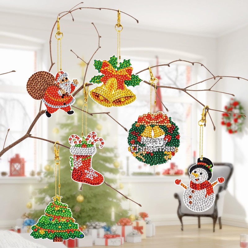 JSRQT 6Pcs Christmas Diamond Art Painting Keyrings, 5D DIY Diamond