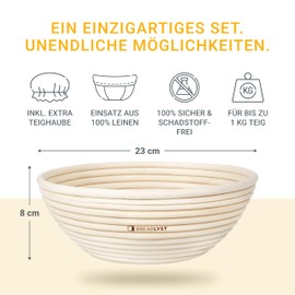 BREADLYST - Premium Proofing Basket Set with Linen Insert and Cover (Round 23 cm)