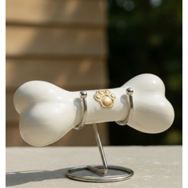 Decorative Bone Shape Aluminium pet urns Casket with Hand Engrave paw Mark for Pets Ashes with Display Stand - Unique Beautiful Cremation Urn for Pets -Memorial Keepsake for Dogs,Cats.. (White)