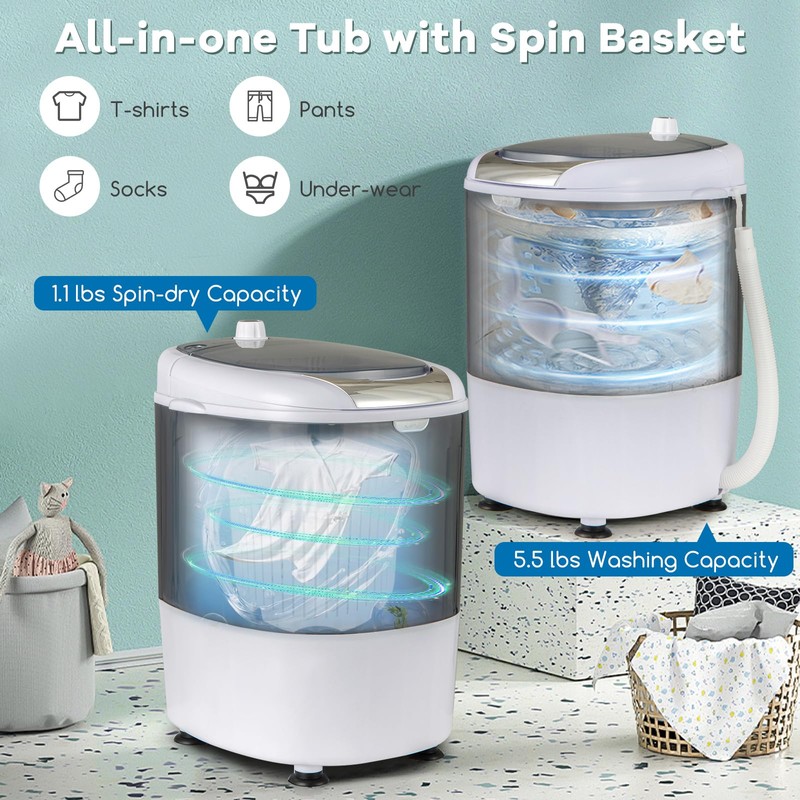 COSTWAY Mini Portable Washing Machine, 5.5 lbs Washing Capacity, Compact