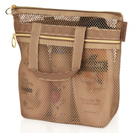 Mesh Shower Caddy Portable 10.2x9.9'' Shower Bag with Zipper & 2 Pockets. Shower Tote Ideal for Gym, Travel, Camp, Beach, for Sunscreen, Dorm & College Essentials (Brown, Small)