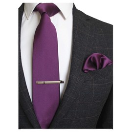 Jemygins Men’s Wedding Ties and Handkerchiefs - Plain Set with Tie Clip - Various Colours - purple, size: m