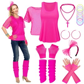 Mukum 80s Costumes for Women - 1980s Outfits for Women Accessories with Fishnet Neon Off Shoulder T-Shirt Gloves Earrings Necklace for 80's Party Pink-L