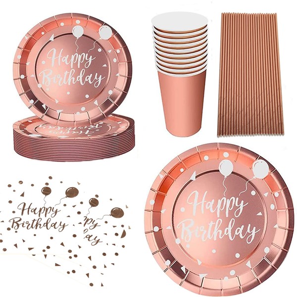 AHPYEUHK Disposable Birthday Plate 125 Tableware Disposable Dessert Paper Plates Kit Paper Cup Towel Straw for Party Birthday Baby Shower (Rose Gold)