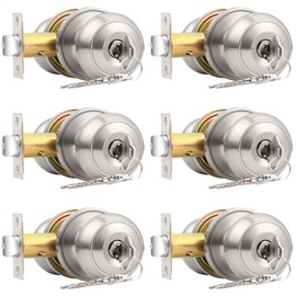 Probrico 6 x Brushed Nickel Keyed Alike Round Shape Door Handles Entry with Key Door Knobs Lockset
