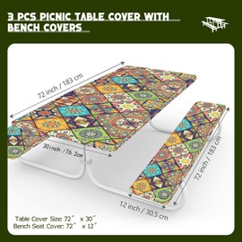 Picnic Table Cover with Bench Covers, 3 Pcs Waterproof Camping Tablecloth Outdoor Bench Seat Cover, Picnic Table Covers with Elastic Fitted Tablecloths for 6 Foot Rectangle Tables (Style B)