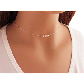 Sterling Silver Pearl Choker Necklace, Handmade with 3 Round Pink AAA+ Dainty Real Freshwater Pearl for Women