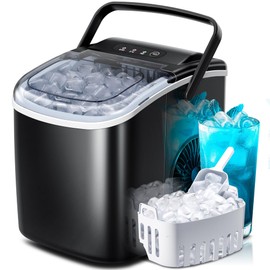 Crzoe Countertop Ice Maker Machine with Handle, Portable Maker, 27lbs/24Hrs, 7Mins/9 Pcs ice Cubes, Self-Cleaning Table Top Maker with Ice Basket/Scoop, for Home/Kitchen/Office(Black)