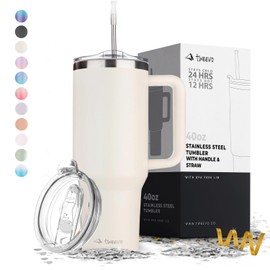 Vaso de 40 onzas con tapa y popote hecho de acero inoxidable, vaso aislado al aspiradora de doble pared con asa, a prueba de sudor, fácil agarre, sin BPA, apto para lavaplatos (crema)