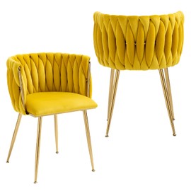 NIOIIKIT Modern Velvet Dining Chairs Set of 2 Hand Weaving Accent Chairs Living Room Chairs Upholstered Side Chair with Golden Metal Legs for Dining Room Kitchen Vanity (Mustard)