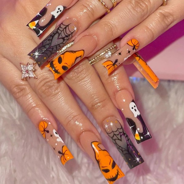 24Pcs Halloween Press on Nails Long Square French Tip Fake
