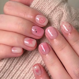 Pink Press on Nails Ombre Fake Nails Cute Nail with Star Design Glossy Glue on Nails Reusable Artificial Acrylic Full Cover Short Square Stick on Nails for Women Girls Manicure 24Pcs