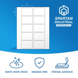Spartan Industrial Printable Laser Inkjet Labels - 3" X 2" - White, 100 Sheets, 1000 Total Labels | Multipurpose Label Ideal for Postage and Shipping, Product Labeling, Address Labels and More
